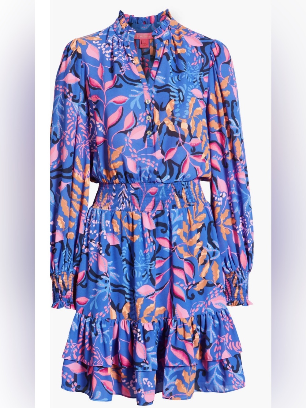 Lilly Pulitzer Shilah Blue Botanical Print Long Sleeve Tiered Dress Size 2